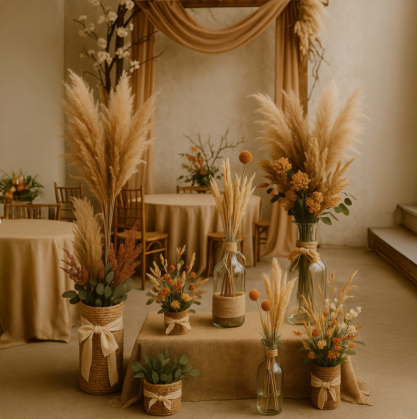 allestimento spazio per evento con pampas artificiali
