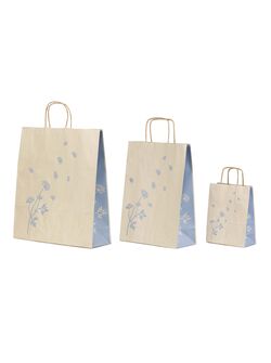 borse in carta erba totalmente riciclata con fiori azzurri e soffietto laterale decorato e manici intrecciati