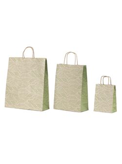 borse in carta riciclata con disegni verdi e manici piatti