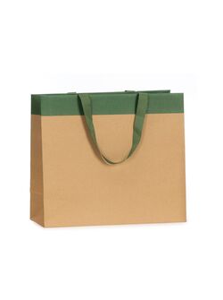 shopper in carta lusso colore avana con striscia colore verde e maniglia in grosgrain verde