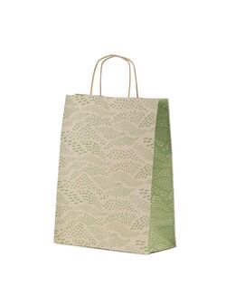 shopper in carta erba riciclata al 100% con grafica colore verde soffietto laterale colorato e maniglia intrecciata shopper in carta erba riciclata al 100% con grafica colore verde soffietto laterale colorato e maniglia intrecciata
