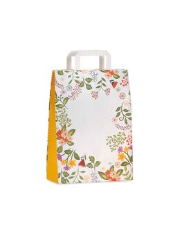 shopper in carta bianca con motivo decoro floreale multicolore soffietto colorato giallo e maniglia piattabors