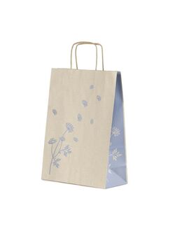 shopper in carta erba riciclata al 100% con fiori azzurri soffietto laterale decorato e maniglia intrecciata shopper in carta erba riciclata al 100% con fiori azzurri soffietto laterale decorato e maniglia intrecciata