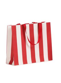 shopper in carta lusso con fantasia a righe bianco e rosso e maniglia in grosgrain rossa