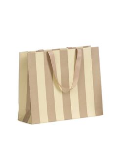 shopper in carta lusso a righe beige/tortora con maniglia in grosgrain in tinta