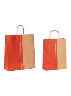 shopper in carta avana e rosso a fantasia micropois millepunti con maniglie intrecciate