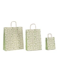 shopper carta erba riciclata al 100% con fantasia salvia verde e maniglia intrecciata