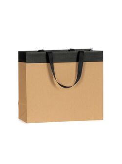 shopper in carta colore avana con striscia colore nero e maniglia in grosgrain nera