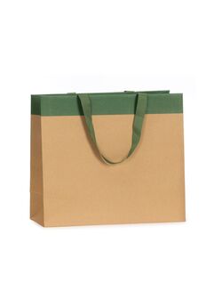 shopper in carta lusso colore avana con striscia colore verde e maniglia in grosgrain verde