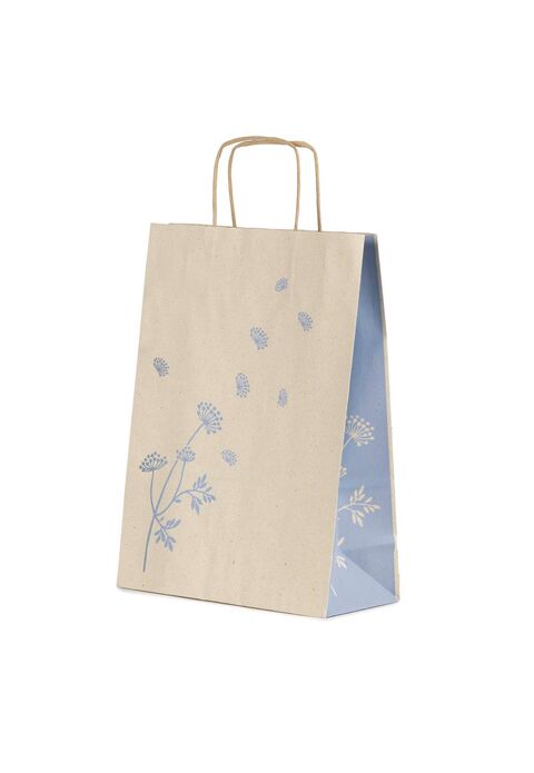 shopper in carta erba riciclata con maniglia intrecciata grafica fiori azzurri e soffietto laterale azzurro
