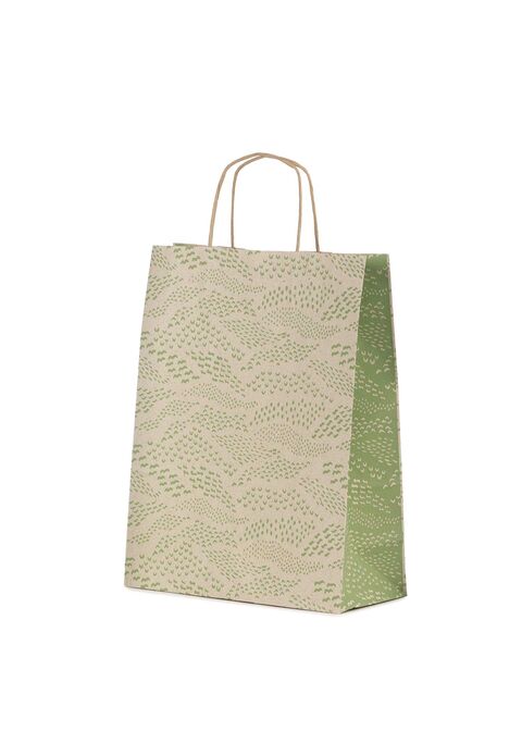 shopper in carta erba riciclata al 100% con grafica colore verde soffietto laterale colorato e maniglia intrecciata
