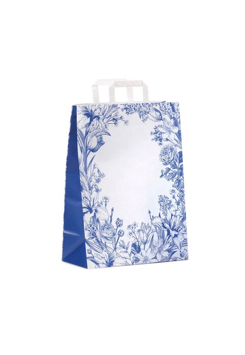 shopper in carta con decoro floreale blu su fondo bianco con soffietto laterale blu e maniglia piatta