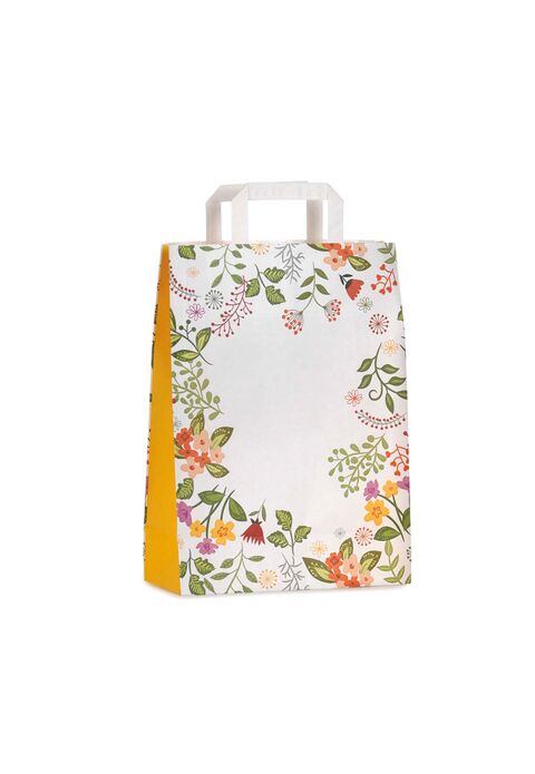 shopper in carta bianca con motivo decoro floreale multicolore soffietto colorato giallo e maniglia piattabors