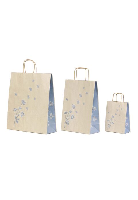 borse in carta erba totalmente riciclata con fiori azzurri e soffietto laterale decorato e manici intrecciati