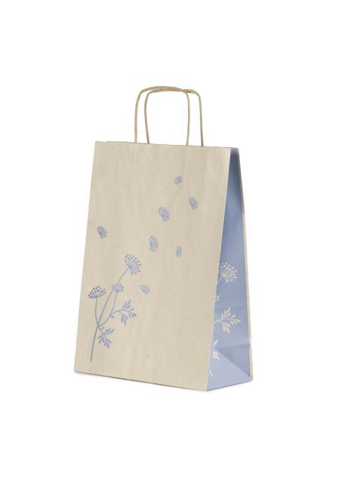 shopper in carta erba riciclata al 100% con fiori azzurri soffietto laterale decorato e maniglia intrecciata
