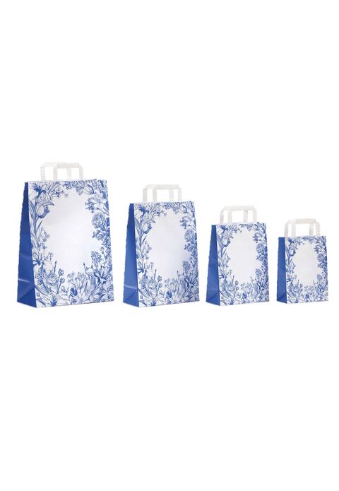 borse in carta bianca con grafica fiori blu soffietto laterale colorato e manici piatti