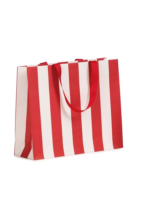 shopper in carta lusso con fantasia a righe bianco e rosso e maniglia in grosgrain rossa