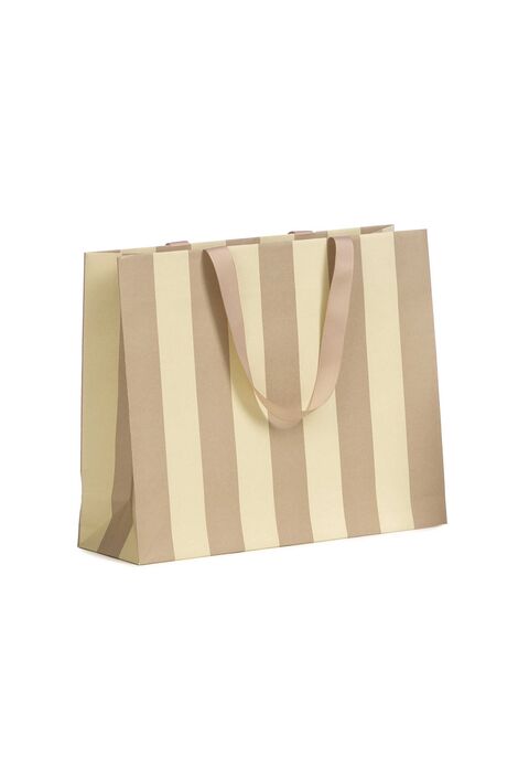 shopper in carta lusso a righe beige/tortora con maniglia in grosgrain in tinta