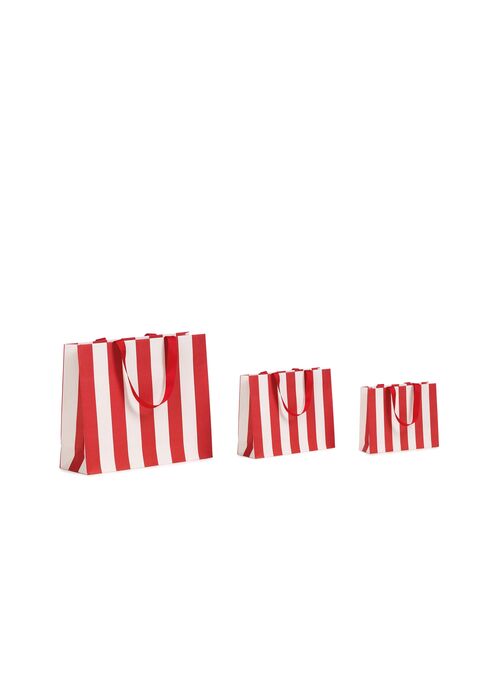 buste in carta lusso stripes rosso bianco con maniglie in grosgrain rosse