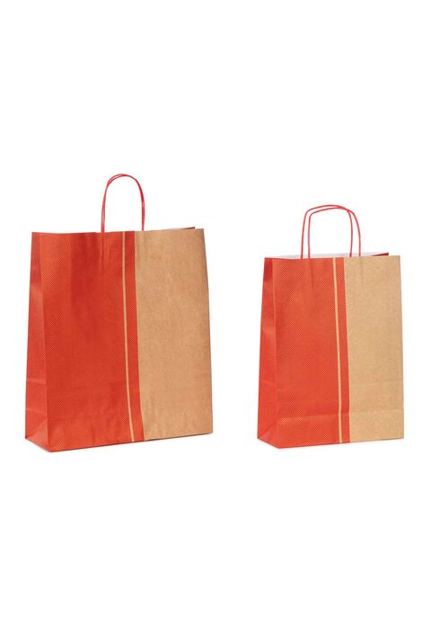 shopper in carta avana e rosso a fantasia micropois millepunti con maniglie intrecciate