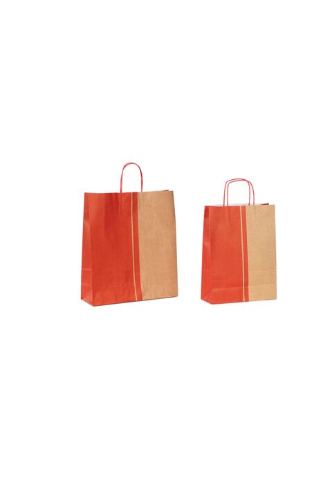shopper in carta bicolore avana e rosso a fantasia millepunti a pois con maniglia intrecciata