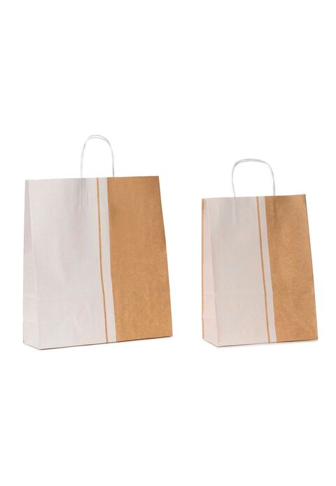 shopper in carta avana e bianco con micropois e maniglia intrecciata