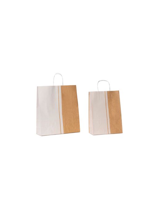 shopper carta bicolore avana e bianco a fantasia millepunti pois con maniglia intrecciata