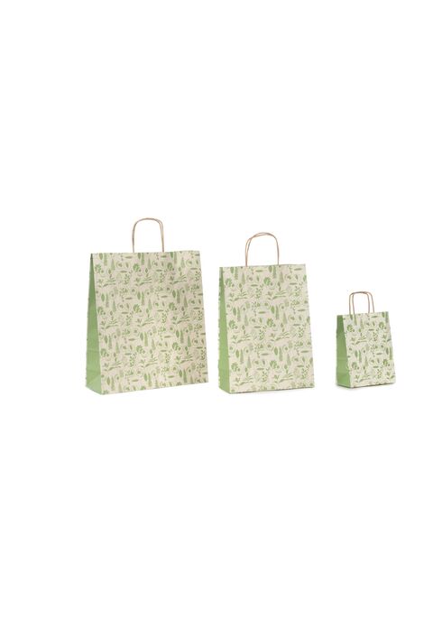 shopper carta erba riciclata al 100% fantasia salvia verde con maniglie intrecciate