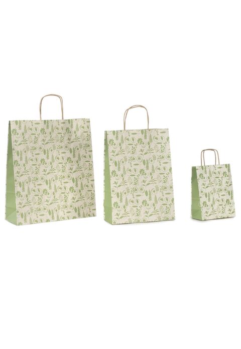 shopper carta erba riciclata al 100% con fantasia salvia verde e maniglia intrecciata