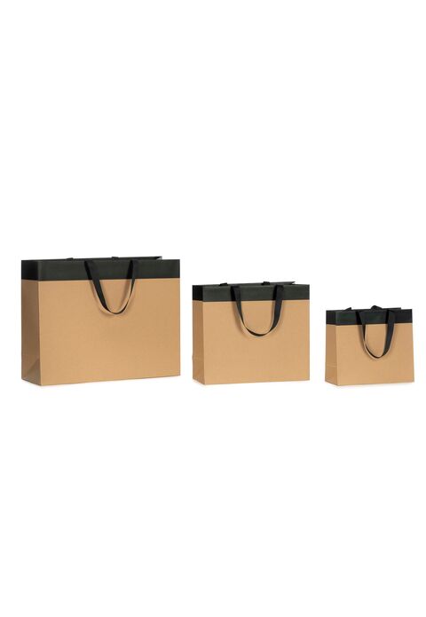 buste in carta avana con striscia nera e maniglie in grosgrain nero