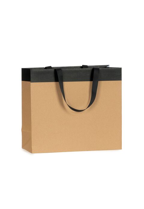 shopper in carta colore avana con striscia colore nero e maniglia in grosgrain nera