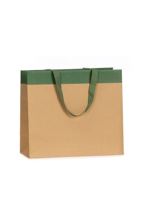 shopper in carta lusso colore avana con striscia colore verde e maniglia in grosgrain verde