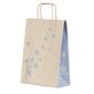 shopper in carta erba riciclata con maniglia intrecciata grafica fiori azzurri e soffietto laterale azzurro