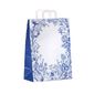 shopper in carta bianca e disegno grafico fiori blu con soffietto laterale blu e maniglia piatta