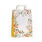 shopper in carta bianca con motivo decoro floreale multicolore soffietto colorato giallo e maniglia piattabors