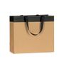 shopper in carta avana con striscia nera e maniglia in grosgrain nera